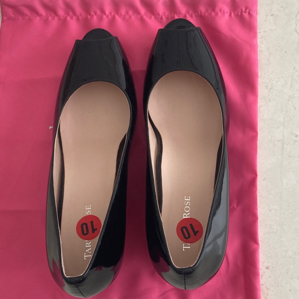 Taryn Rose black patent peeptoe wedges
